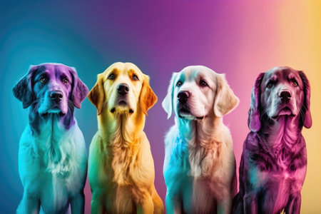 Young dogs are posing. Cute dogs or other pets look happy when they are on a colorful or gradient background by themselves. Studio pictures. Different kinds of dogs put together in a creative way. Adv. Generative AIの素材