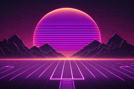 futuristic but retro setting. Purple sun with purple glints on neon light grid surface. Cyberpunk twilight Illustration of an 80s inspired retrowave wallaper. Generative AIの素材