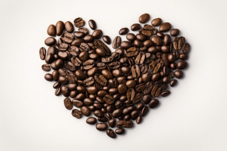 roasted, fragrant coffee beans arranged in the shape of a heart on a white background. logo design for love of coffee. macro photography in a studio. Generative AIの素材