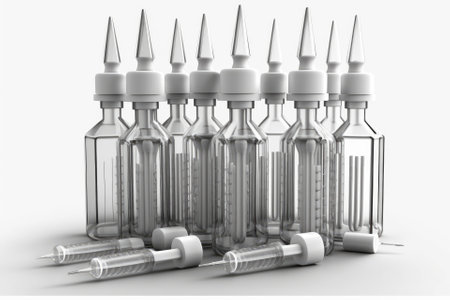 injection ready medical ampoules isolated on a white background. pharmacology, science principles, and the treatment of illnesses using medications. Generative AIの素材