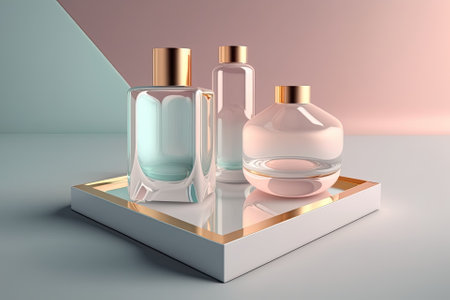 empty platform for glassware and cosmetic bottle containers. Create a concept for a skincare product for beauty. Generative AIの素材