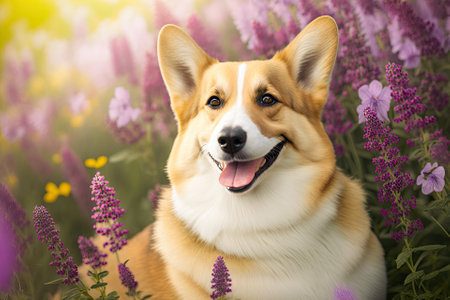Purebred that is happy and active On a sunny summer day, a Welsh Corgi dog is outside among the flowers. Generative AIの素材