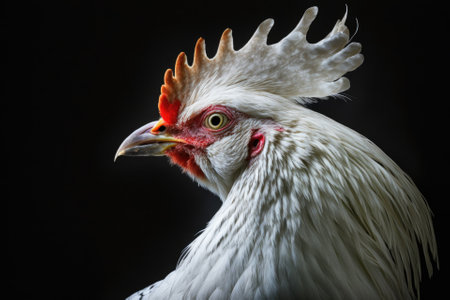 White crow, chicken farm. On a black background, a side view. Get close. A profile picture of a full grown rooster. A white chicken with a red crest. Close up of the head of a rooster chicken. Generative AIの素材