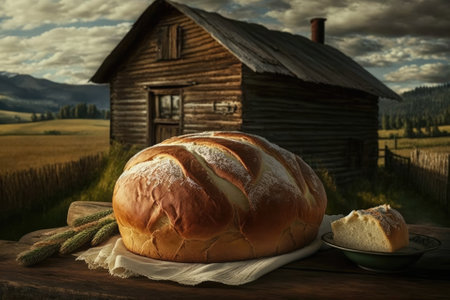 scrumptious freshly made bread on a rural backdrop. Generative AIの素材