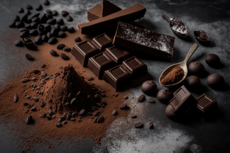 coffee beans and dark organic chocolate against a background of concrete. Generative AIの素材
