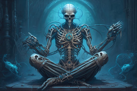 Science fiction illustration of a praying, meditating skeletal figure linked to complicated alien equipment. Generative AIの素材