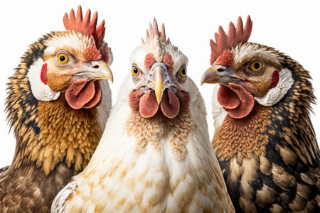 Three chickens in a portrait on a white background. Generative AIの素材