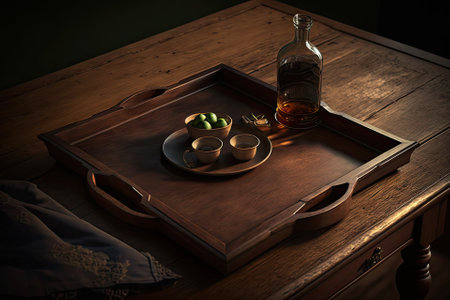 a wooden table with a brown wooden tray. Generative AIの素材