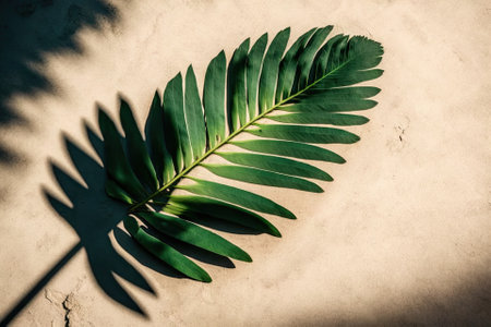Shadow of a green tropical leaf seen from above on a sandy background. Lay flat. Simple summer design featuring a palm tree leaf. original copyspace. Generative AIの素材