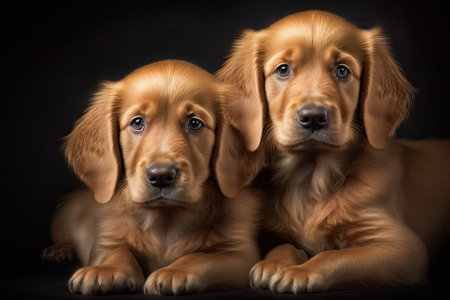 There were two golden retriever puppies lying next to each other. Animal studio portrait. Generative AIの素材