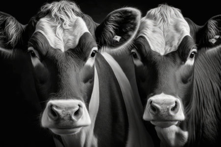 two cows portrait in black and white close up. Generative AIの素材