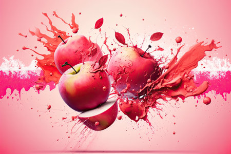 a pink backdrop with fresh red apples and a splash. Generative AIの素材