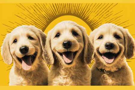 banner with three smiling puppies on a yellow background. Generative AIの素材