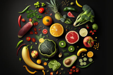 lavish meal backdrop. Top view of a studio image of various fruits and vegetables isolated on a black backdrop. high quality output. Generative AIの素材