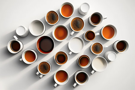numerous coffee cups on a white desk text space in the top view. Generative AIの素材