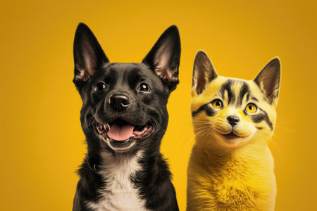 Two happy cat and dog smiling on isolated yellow background. Generative AIの素材