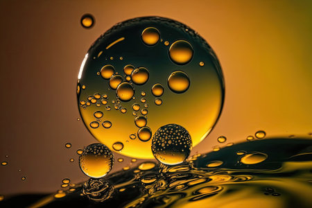 abstract macro background with floating oil circles on water macro shot of water bubbles up close. bubbles of oil in the water photography background in macro. Generative AIの素材