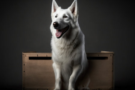 Smiling. Picture of a smart, beautiful White Swiss Shepherd A dog leans on a box and poses against a grey studio background. Concepts of movement, action, love for pets, animal life, and living with a. Generative AIの素材