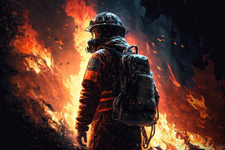 The firefighter and a large fire. Generative AIの素材