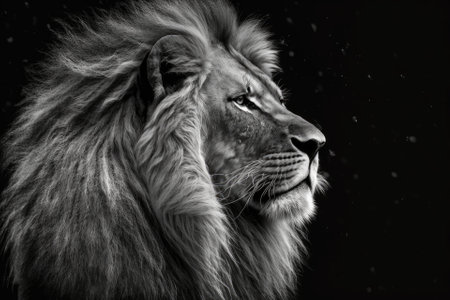 black and white picture of a lion on a black background. Generative AIの素材