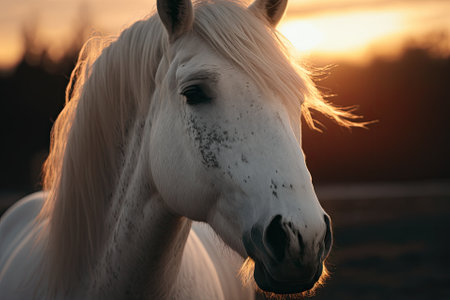 Sunset with a horse in the sun. Farm animals. Close up picture of a white horse with a white mane. At sunset, a white horse is in a paddock. Having horses and raising them. Animal husbandry. Generative AIの素材
