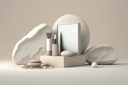 a natural beige background for cosmetic items. a white background and a stone podium. in front. Generative AIの素材