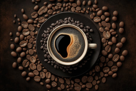 top view of a black coffee espresso with coffee beans. Generative AIの素材