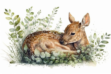 The young deer in the grass. Beautiful watercolor drawing of a fawn. Sleeping bambi illustration. Wild young deer with white spots on its back eating wild plants. On a white background is a cute fawn. Generative AIの素材