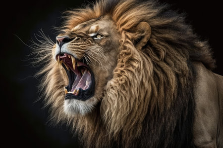 Wild African male lion roaring and showing dangerous teeth. Generative AIの素材