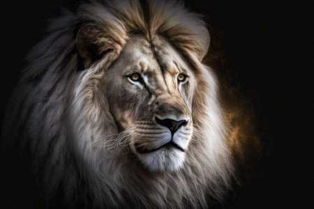 Lion. Portrait of a lion lit up in white. A picture of the animal kingdom. A picture of a strong predator. Generative AIの素材