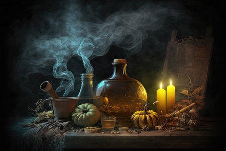 Halloween background with smoke and mist on a wooden table in the darkness. Generative AIの素材