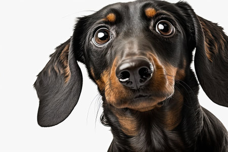 Looks obedient. Portrait of a black dachshund dog training, isolated on a white studio background. The idea of motion, how pets love, and how animals live. It seems happy and funny. Ad, text, and desi. Generative AIの素材