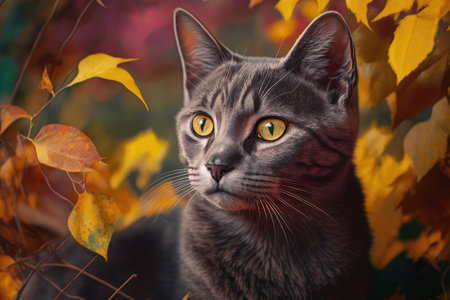 Portrait of a gray brown European Shorthair cat sitting in the garden on brown and multicolored leaves with an alert and interested look on its face. Outside in nature. Autumn mood. Generative AIの素材