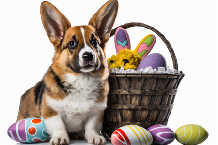 Happy Easter Pog dog with bunny ears on a white background with an Easter basket, colorful eggs, and a flower. idea for an Easter card. Generative AIの素材
