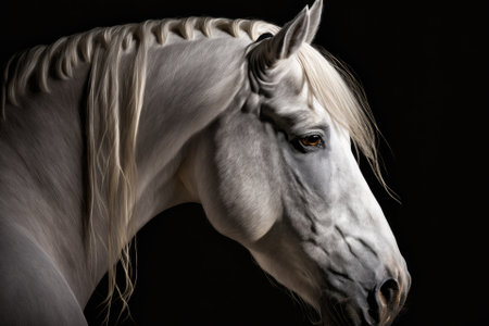 Fine art, low key picture of a horse Andalusian p.r.e. horse looking over its shoulder with an eye that speaks. Generative AIの素材
