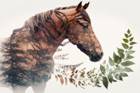 Double exposure or double exposure photo montage of a brown horse with tree branches and leaves. Generative AIの素材