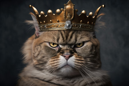 Make a cat with a crown on its head that looks angry. Brown house cat dressed up as a king or queen. Selective attention. Generative AIの素材