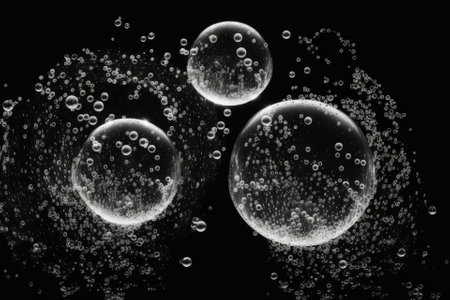 ISOLATED BUBBLES ON A BLACK BACKGROUND. Generative AIの素材
