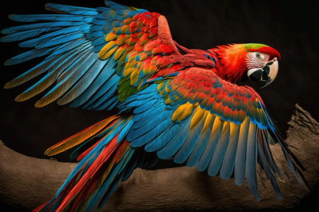 The Scarlet Macaw is a large, colorful macaw that is native to humid evergreen forests in the America Tropics. Its range goes from extreme southeast Mexico to the Amazon, Peru, Bolivia, and Brazil. Generative AIの素材