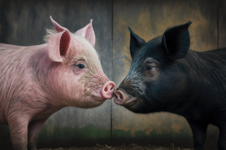 Pink and black pigs kissing on the farm shows love and friendship. Generative AIの素材