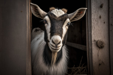 Close up animal portrait of a curious goat in a goat shed. Generative AIの素材