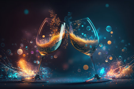 Champagne glasses floating in the air, fireworks, and a festive atmosphere. Generative AIの素材