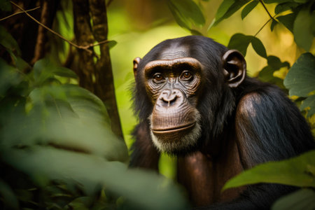 Chimpanzee, pan troglodytes, adult in the tropical rainforest of Kibale National Park in western Uganda. Because of the park conservation program, some groups are used to being around people. Generative AIの素材
