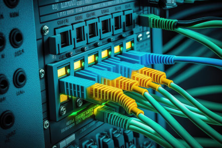 Information Technology Data Center Concept, Computer Network, Ethernet Cables Connected to Internet Switch. Generative AIの素材
