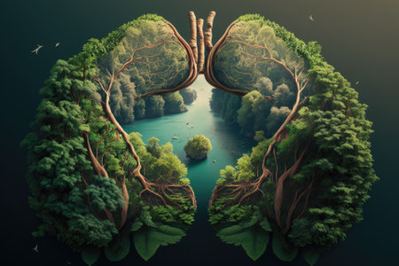 a hypothetical illustration of a lung shaped lake in a pure and beautiful jungle. Generative AIの素材
