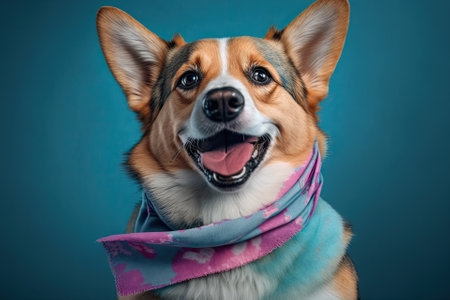 Portrait of a pembroke welsh corgi dog wearing a pink bandana tie and looking at the camera with its mouth open, seen from the front on a blue background. Generative AIの素材