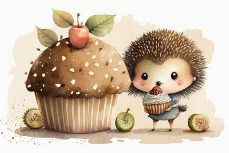 Cute cartoon hedgehog with a cupcake, watercolor illustration, little hedgehog, baby card. Generative AIの素材