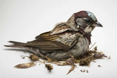 A dead specimen of Passer domesticus, or house sparrow. It is one of the usual birds in rural and urban environments, but its population is in decline, and its existence is threatened. Aragon, Spain. Generative AIの素材