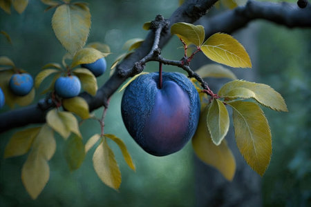 A blue plum hanging from the limbs of a garden tree. Generative AIの素材