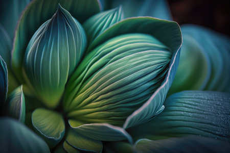 A close up macro image is featured on a blue green blossom. Hosta flower head. unusual screensaver or wallpaper with flowers. Generative AIの素材